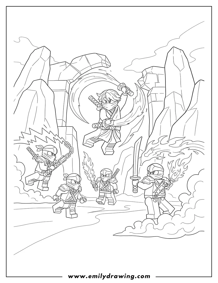 Doodle style coloring picture of lloyd Jay And Kai Fighting Evil, as Lego Ninjago characters in dynamic poses