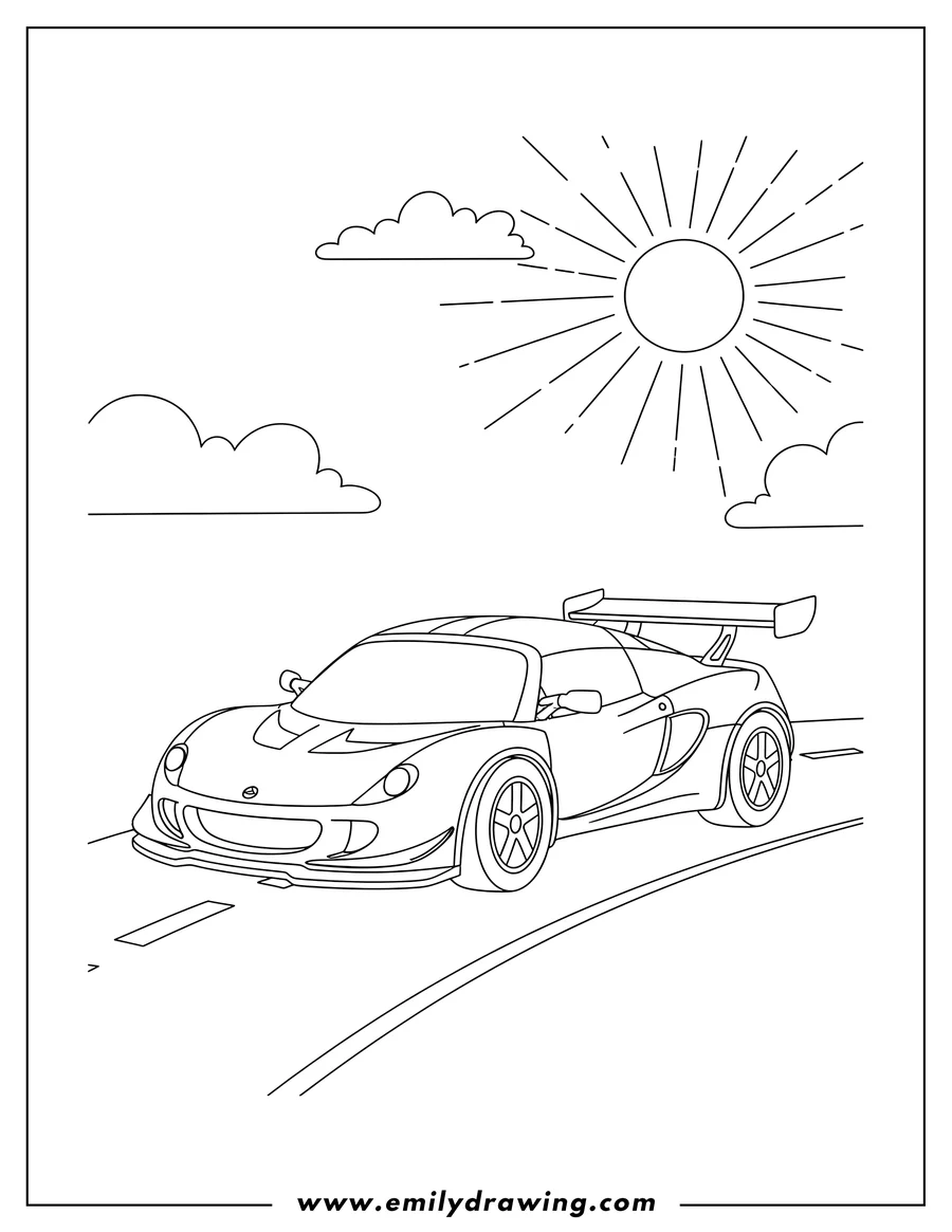 Free to print drawing of lotus Race Car To Color Scaled, driving with a spoiler on a road