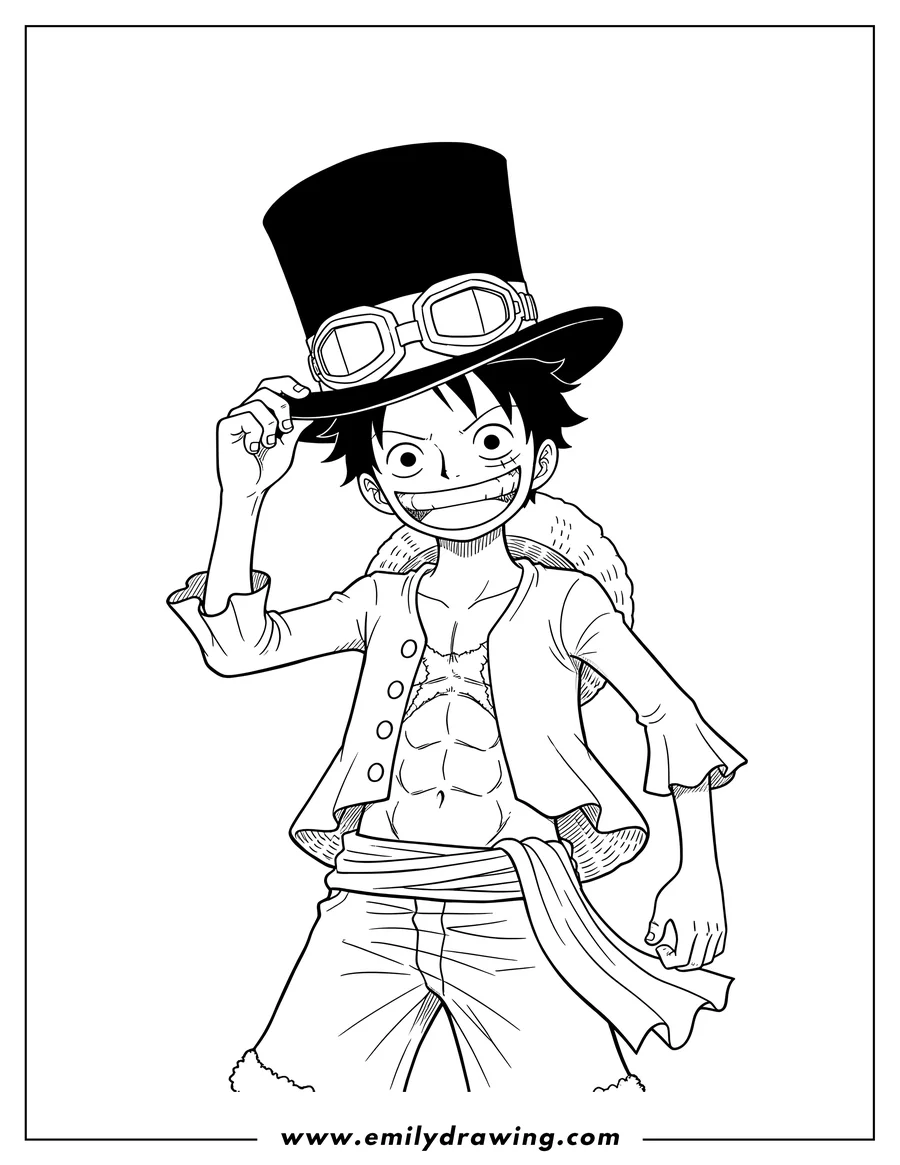 Coloring page for kids: luffy broadly smiling, wearing a top hat with goggles over his straw hat, and holding the hat