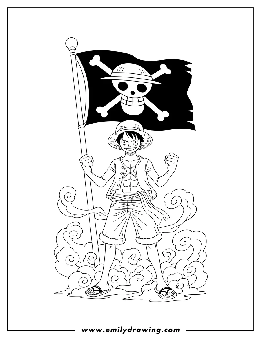 Downloadable coloring page of luffy standing with clenched fists and a smirk, in front of the Straw Hat Pirate Flag, with mist