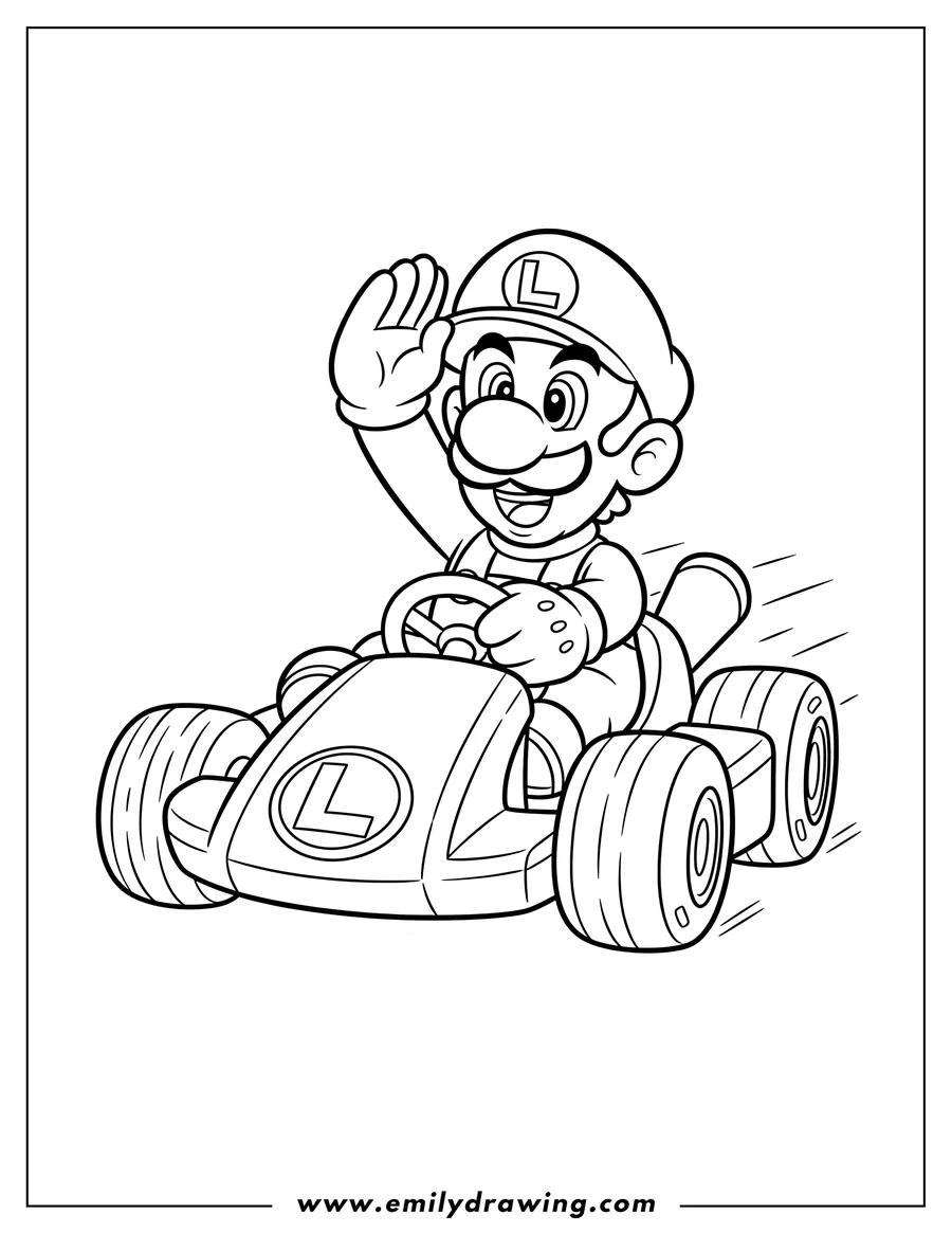 Linear illustration of luigi driving a kart with an 'L', saluting and smiling