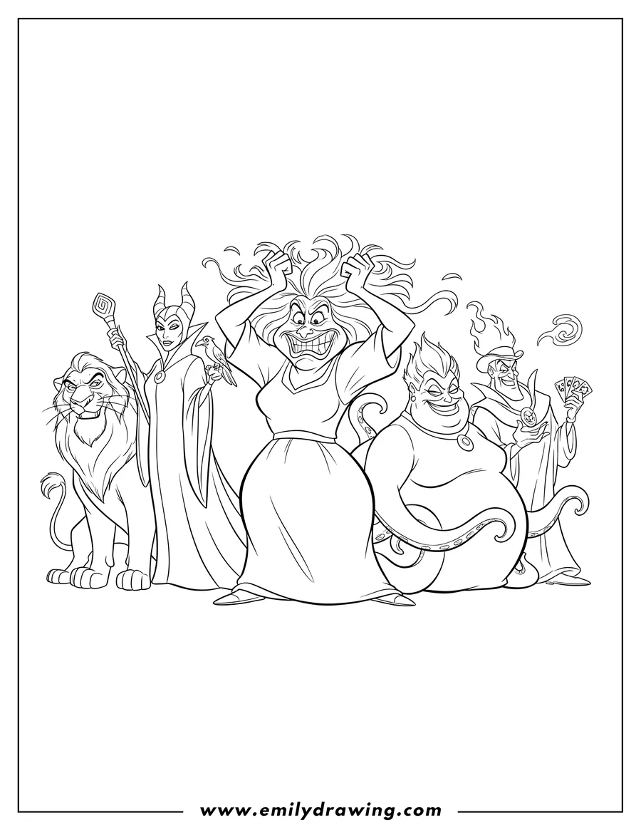 Full page coloring image of madam Mim pulling her hair, Scar, Maleficent, Ursula, Hades with fiery hair, and Dr. Facilier holding cards, Disney Villains