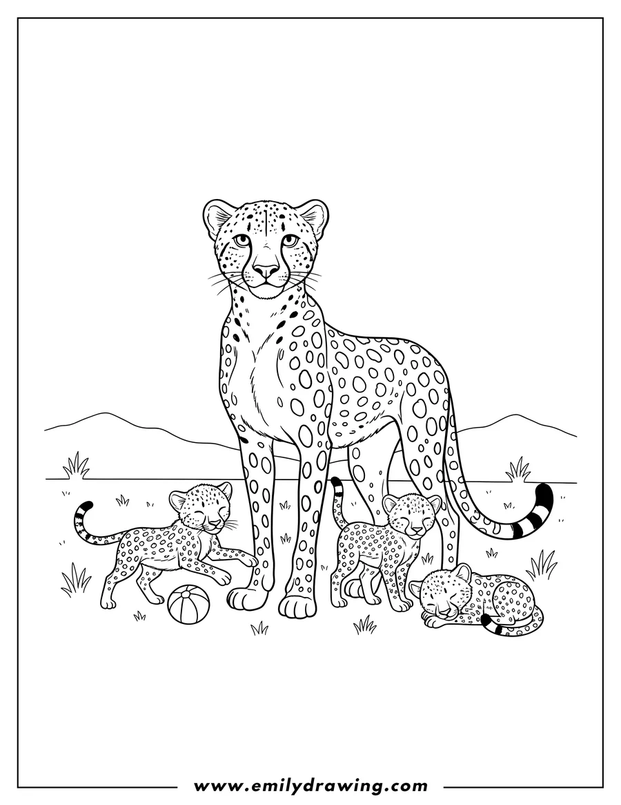 Outline drawing of mama Cheetah standing with her three playful baby cheetahs
