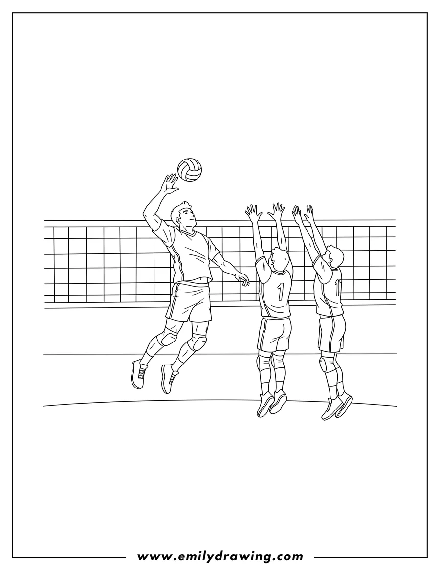 PDF style coloring page: man jumping to spike volleyball over net, with other players blocking