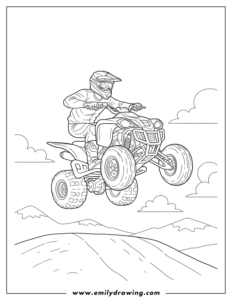 Printable coloring page of man On An Atv Mid Air, wearing a helmet, outline for a coloring page