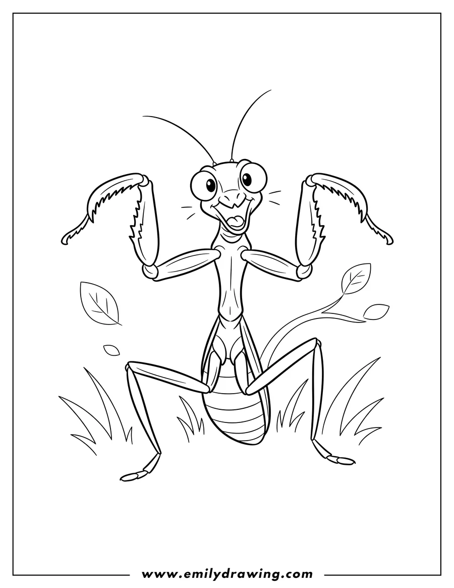 Doodle style coloring picture of mantis Fighting Pose, roaring with raised front legs