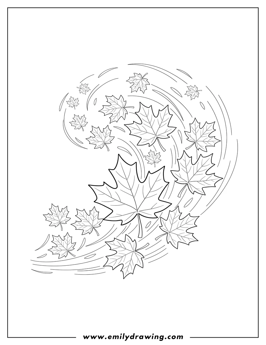 Vector style outline of fall maple leaves being blown by wind