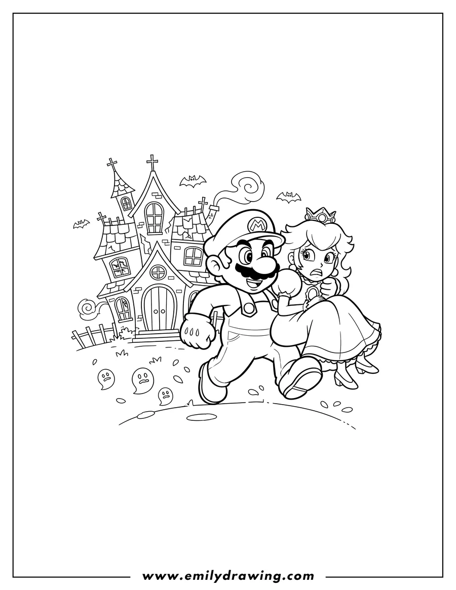 Free to print drawing of mario running and carrying scared Princess Peach, rescuing her from a haunted house