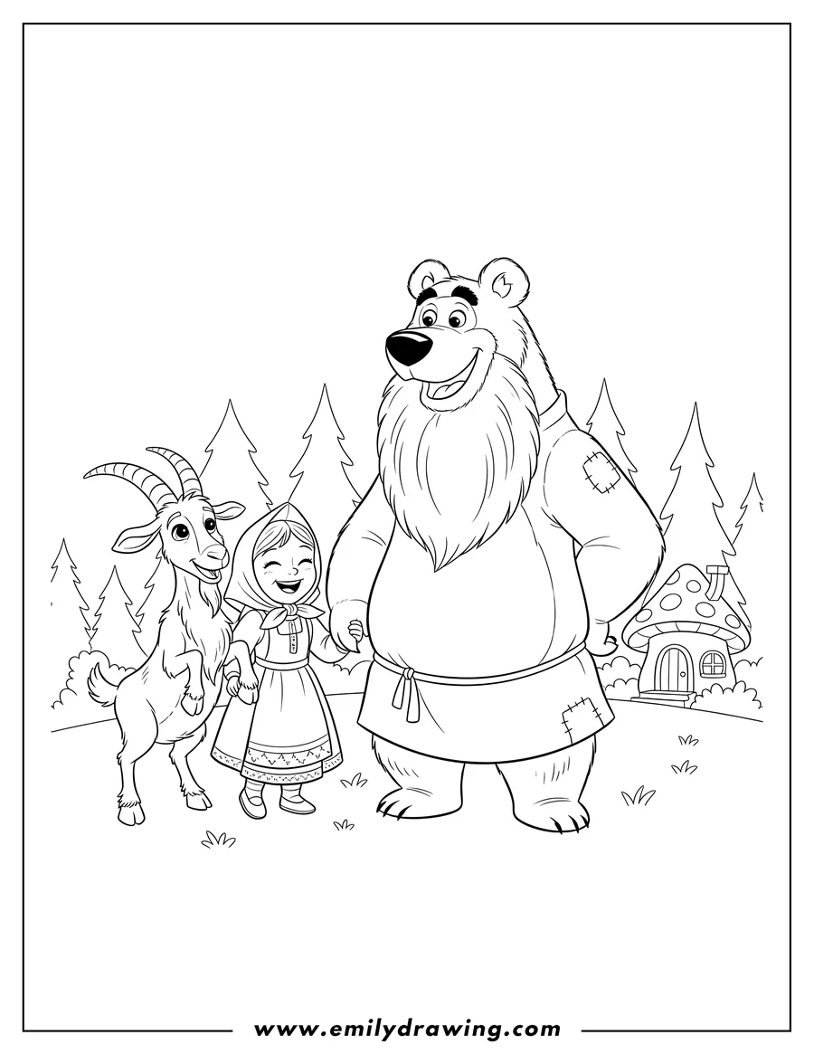 Clean line drawing: masha And Bear Goat, standing with a beard
