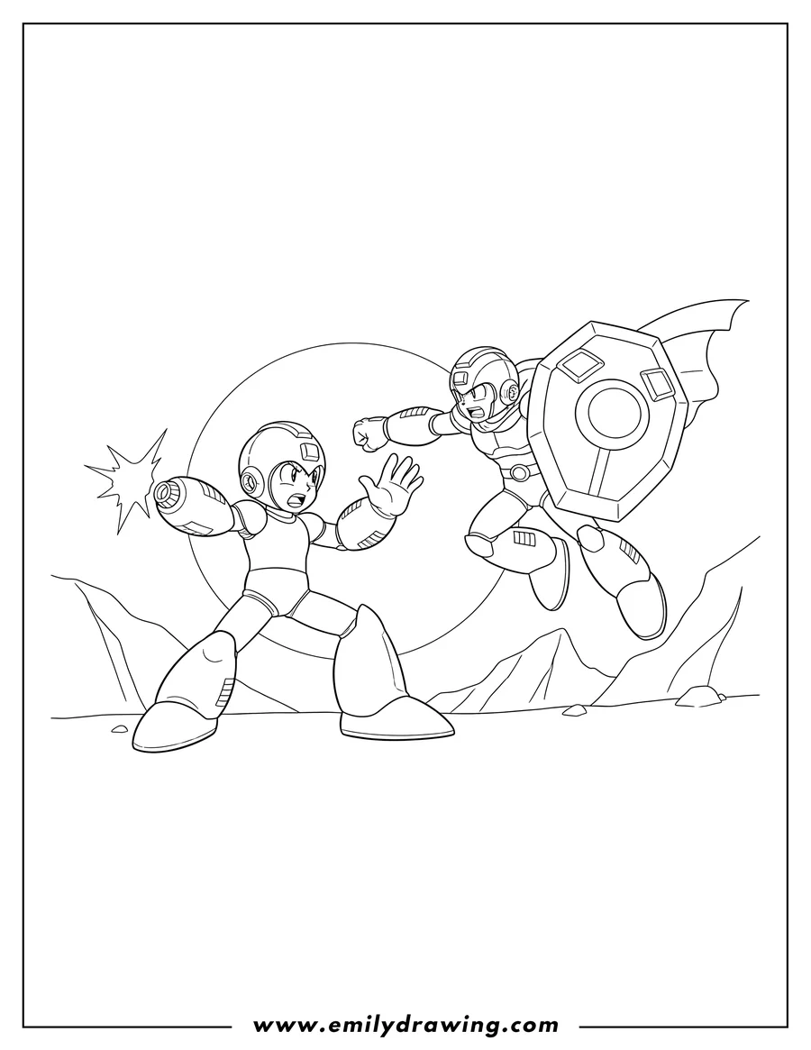 Black and white line art of mega Man Vs Break Man, Break Man flying with a shield and Mega Man in a defensive stance
