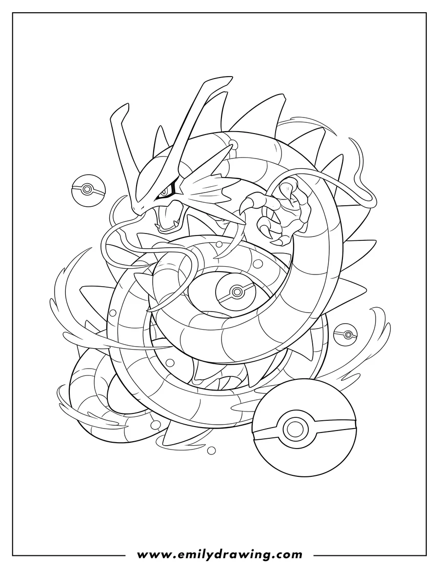 Free printable coloring sheet of mega Rayquaza coiled in air, with Pokeballs