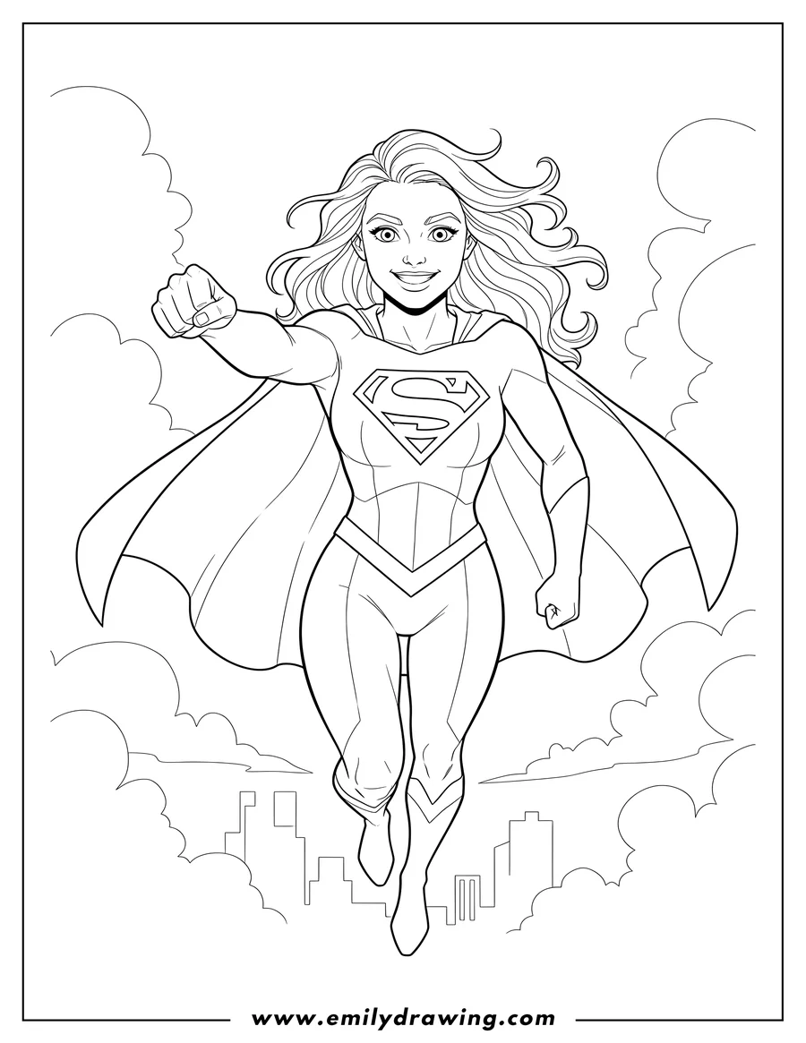 Black and white line art of melissa Benoist as Supergirl, floating with her cape flowing