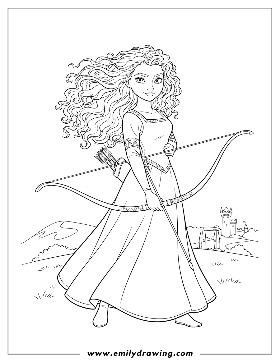 Simple sketch of merida Disney holding a bow and arrow to color
