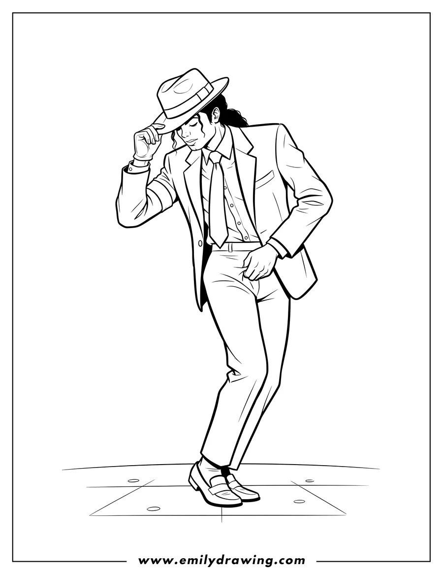 Coloring page for kids: michael Jackson Famous Crotch Grab Dance Move, leaning with a fedora and one hand touching his hat