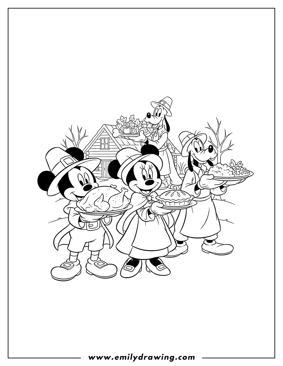 Doodle style coloring picture of mickey Mouse and Minnie Mouse dressed as pilgrims, with Goofy in an apron, all carrying Thanksgiving food on platters, and pilgrim Pluto in the background