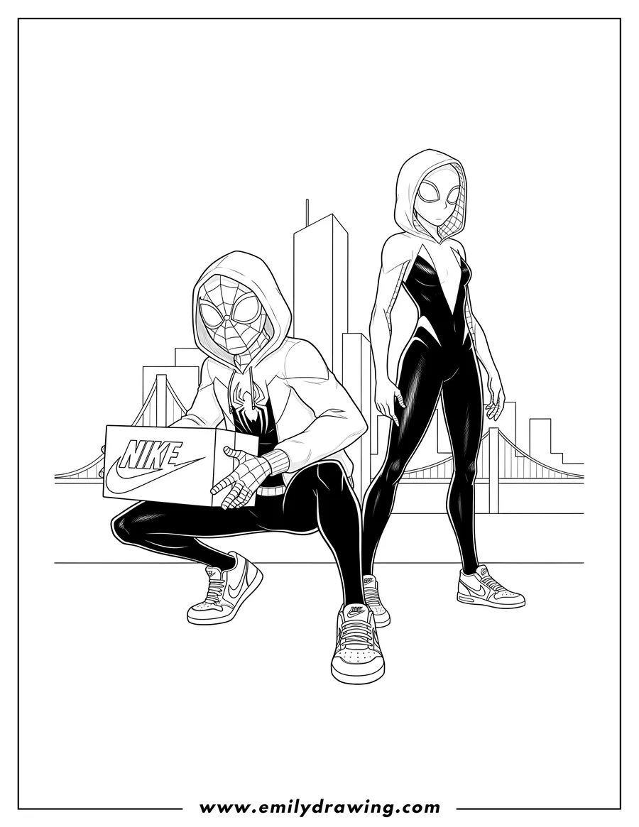 Printable line art of miles Morales crouching with a Nike shoe box and Spider Gwen standing, both wearing Nikes