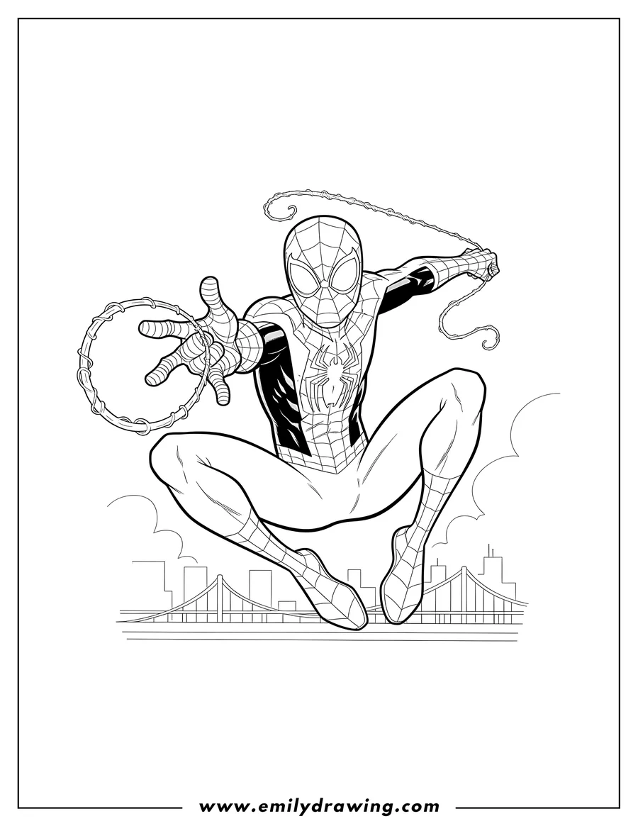 Coloring sheet featuring miles Morales swinging on a spider web, with his web-shooter outstretched and firing