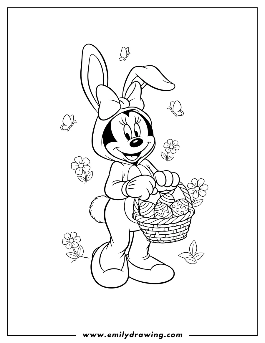 Doodle style coloring picture of minnie Mouse dressed as a bunny, holding an Easter basket with eggs