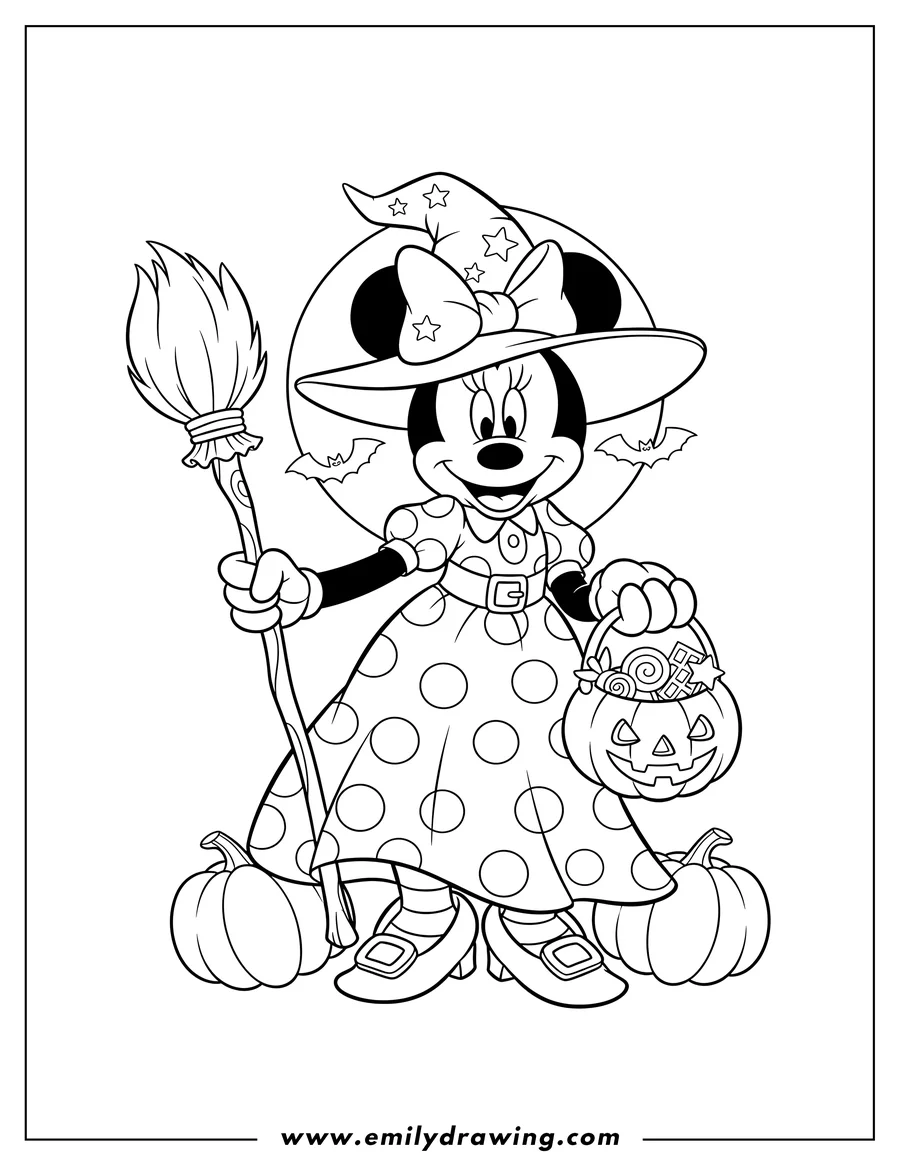 Downloadable coloring page of minnie Mouse dressed as a witch for Halloween, holding a trick-or-treat basket and wearing a polka-dotted dress