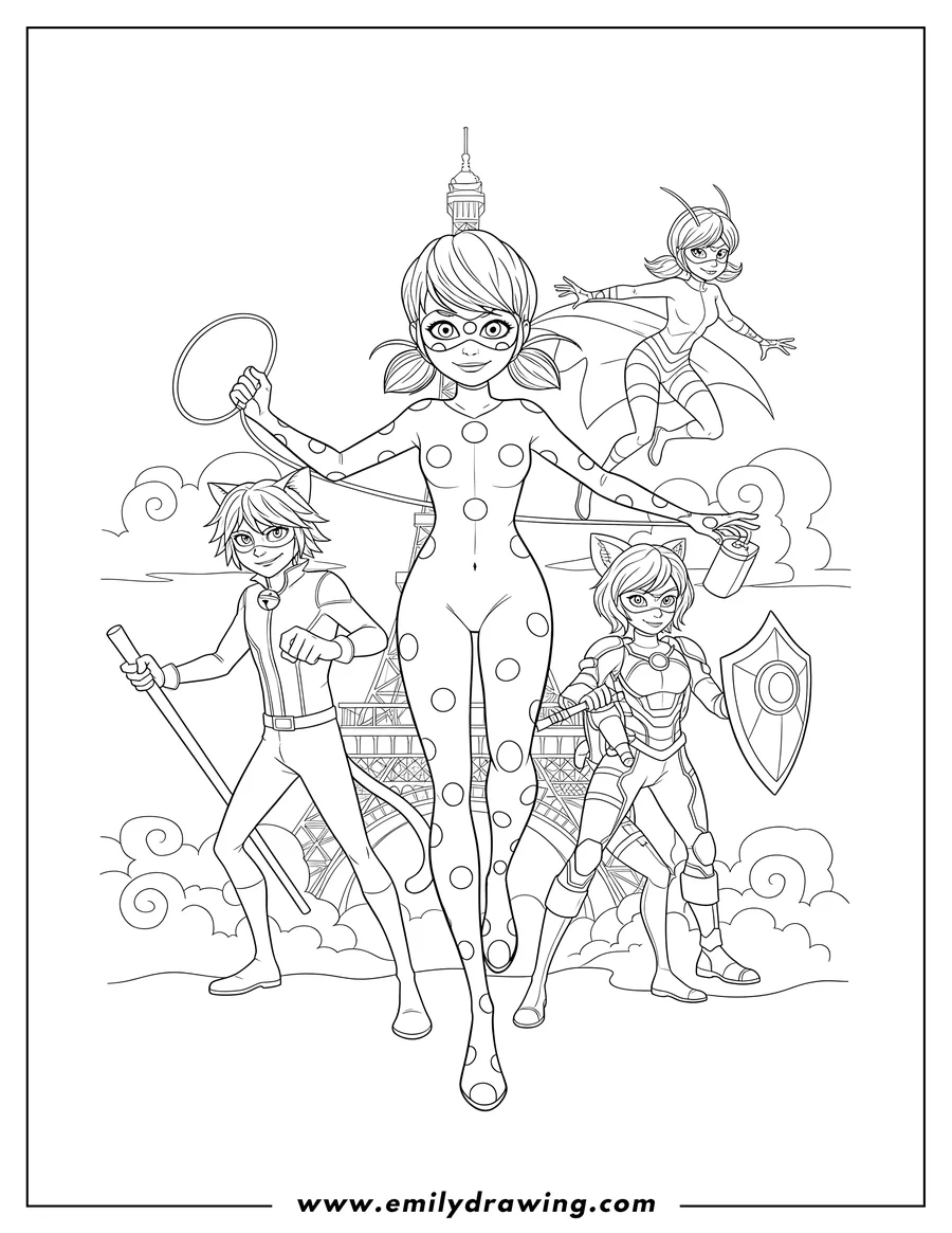 Coloring sheet featuring miraculous Ladybug Poster, Ladybug and her superhero friends posing