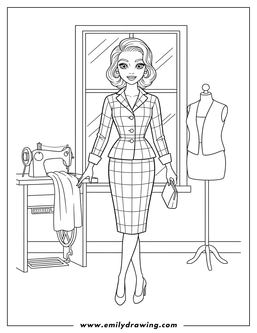 Full page coloring image of A woman models a Classic 1950s Checkered Pencil Skirt Suit, standing with crossed legs and holding a clutch in a Sewing Studio