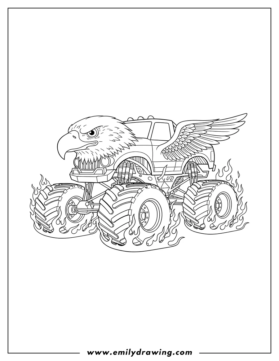Clean line drawing: monster Truck with an eagle head and wing, on fire with flames around its wheels