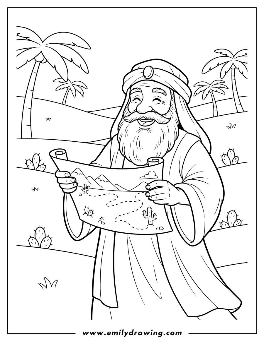 Downloadable coloring page of moses Holding Map Desert, smiling with a beard
