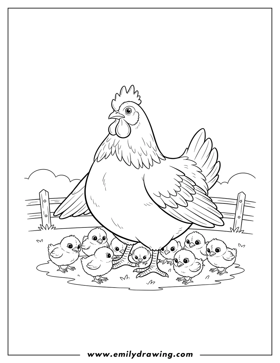 Free printable coloring sheet of mother Hen standing with newborn chicks gathered around her