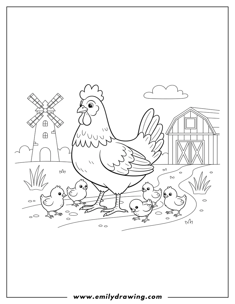 Coloring page for kids: mother Hen with her chicks walking around her on a farm with a windmill