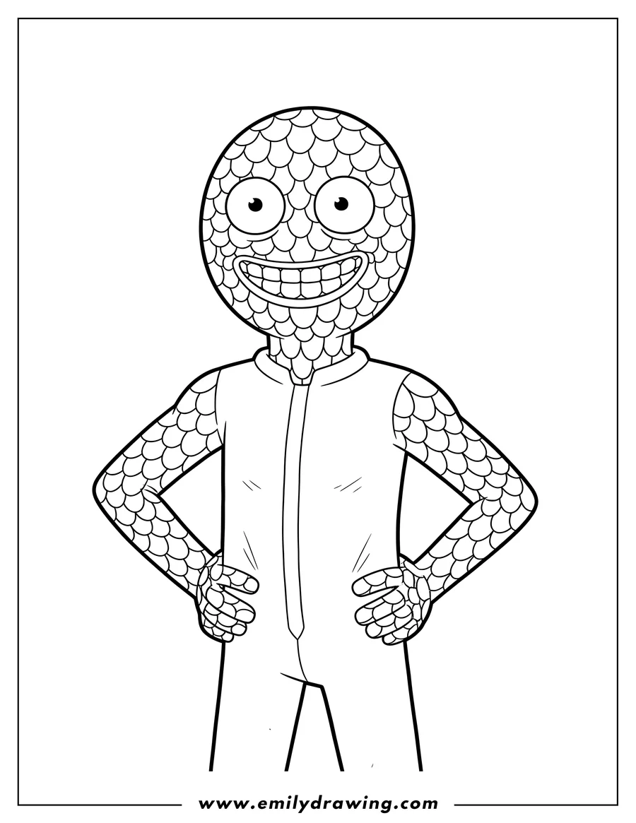 Full page coloring image of mr. Meeseeks Scaled, standing with hands on hips and smiling