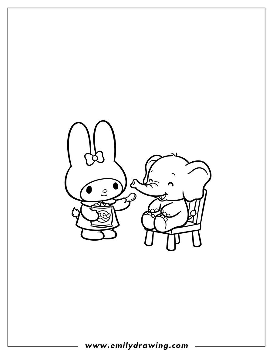 Coloring sheet featuring my Melody feeding Zou chips, with Zou sitting on a chair