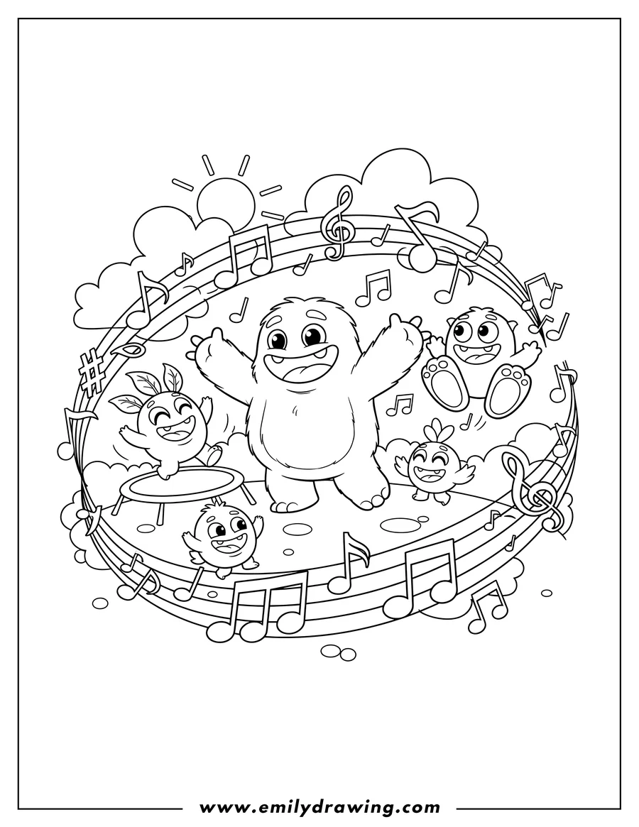Full page coloring image of my Singing Monsters Playground with happy monsters and musical notes