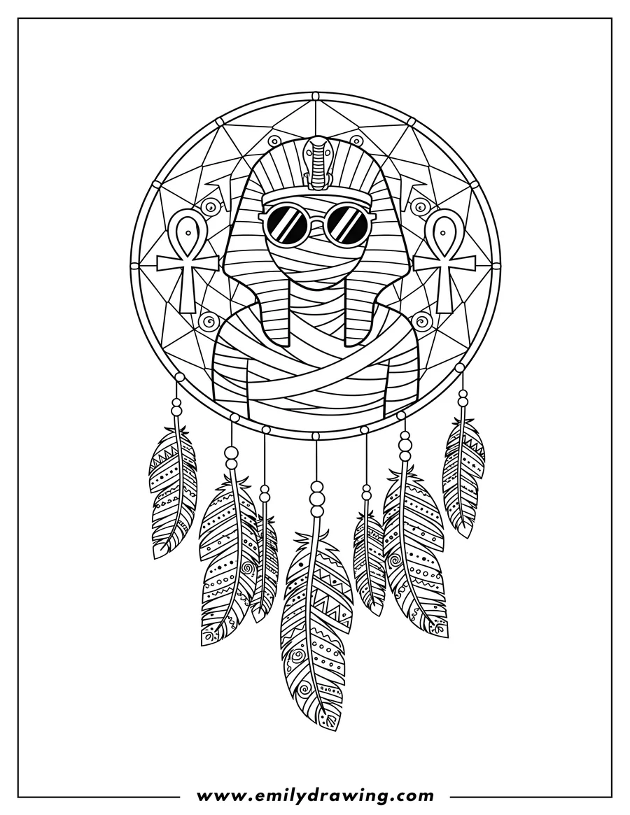 Downloadable coloring page of mystical centered Mummy wearing a pharaoh headdress and sunglasses in a Dreamcatcher, with Ankhs and patterned Feathers