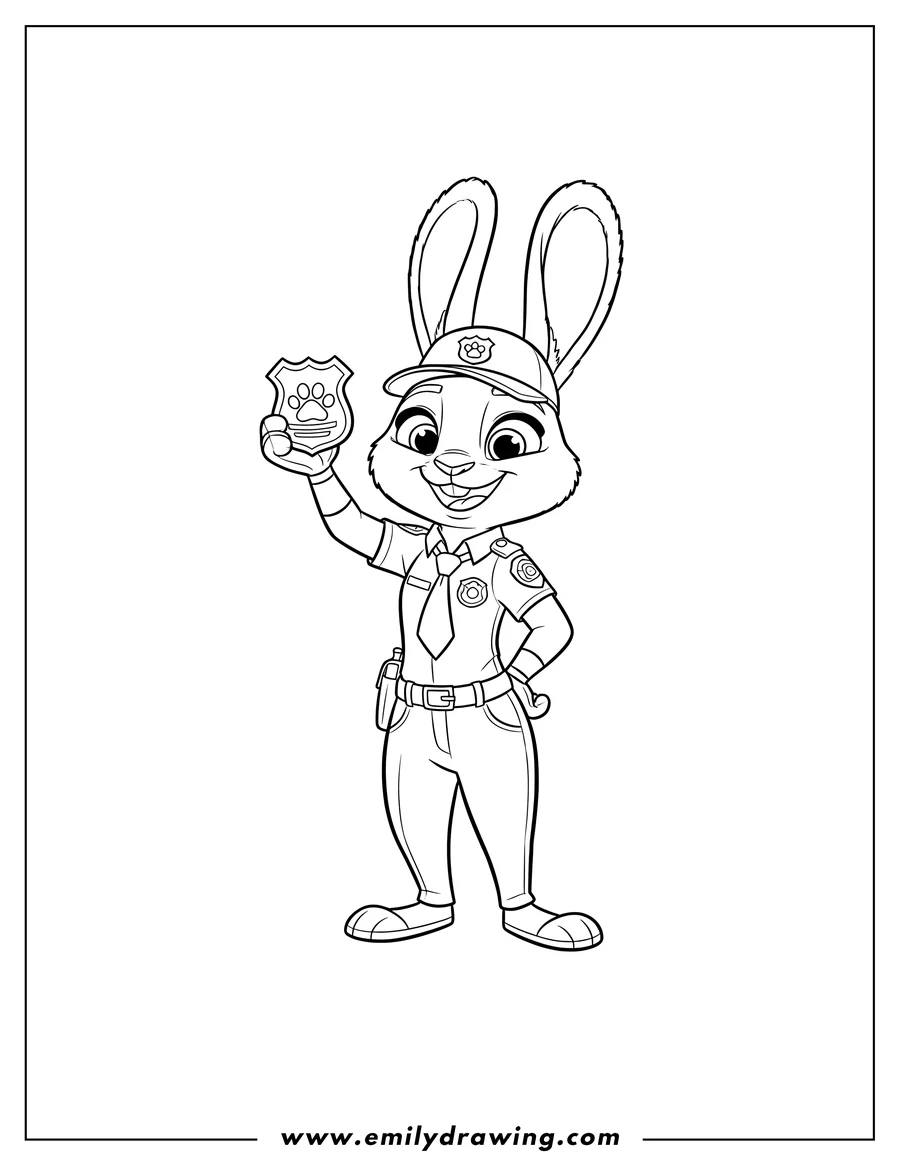 Printable line art of officer Judy Hopps Scaled, holding up her police badge, smiling