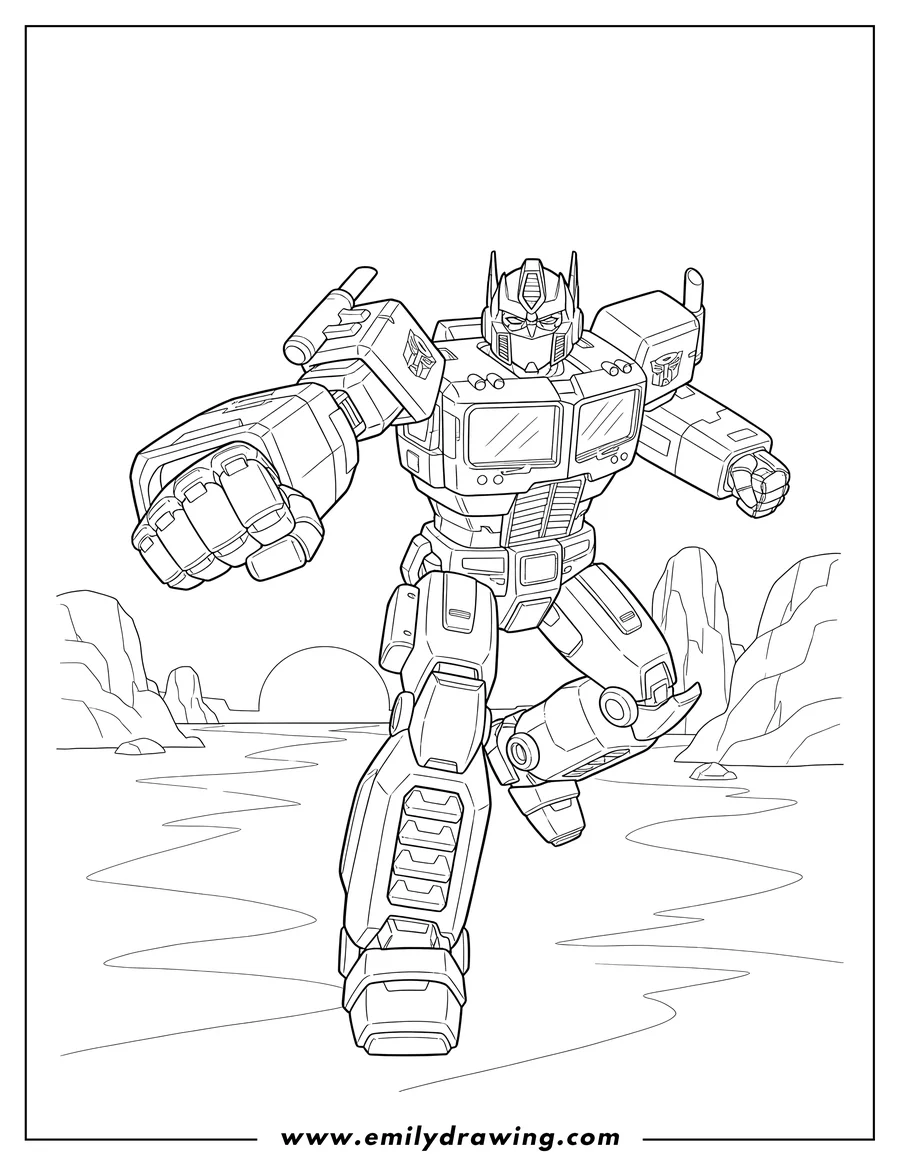 Clean line drawing: optimus Prime charging forward in the desert with a clenched fist