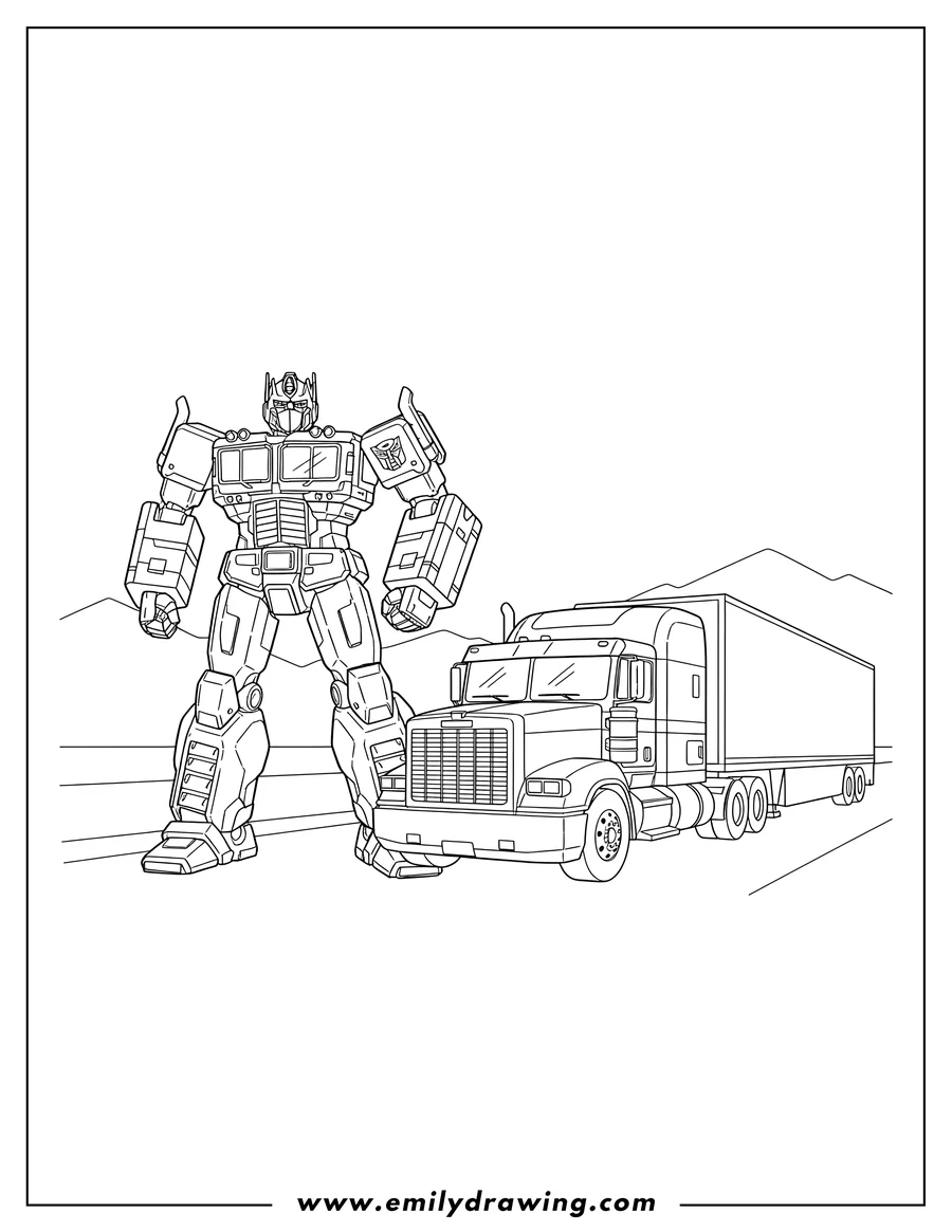 Simple sketch of optimus Prime robot standing next to his semi-truck to color