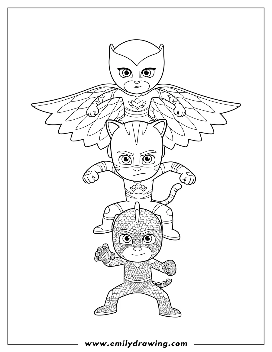 Downloadable coloring page of owlette Catboy And Gekko Fighting Stance, stacked vertically with Owlette on top and Gekko at the bottom