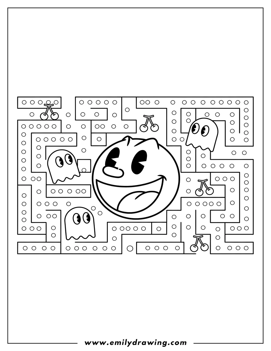 Printable line art of pac Man Game Poster, featuring Pac-Man and ghosts in a maze filled with game dots and cherries