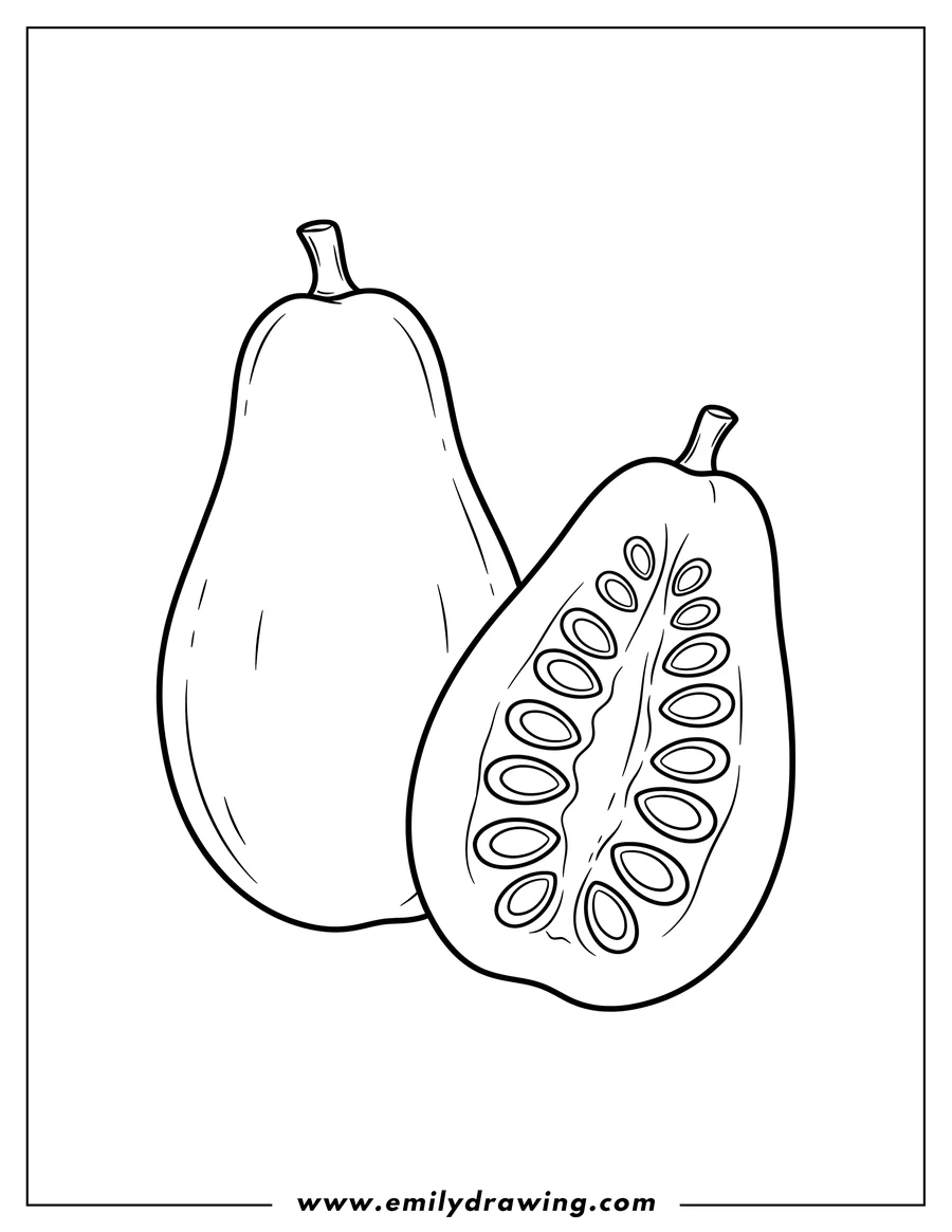 Coloring sheet featuring pawpaw Fruit With Seeds To Color Scaled, one whole and one sliced lengthwise showing seeds