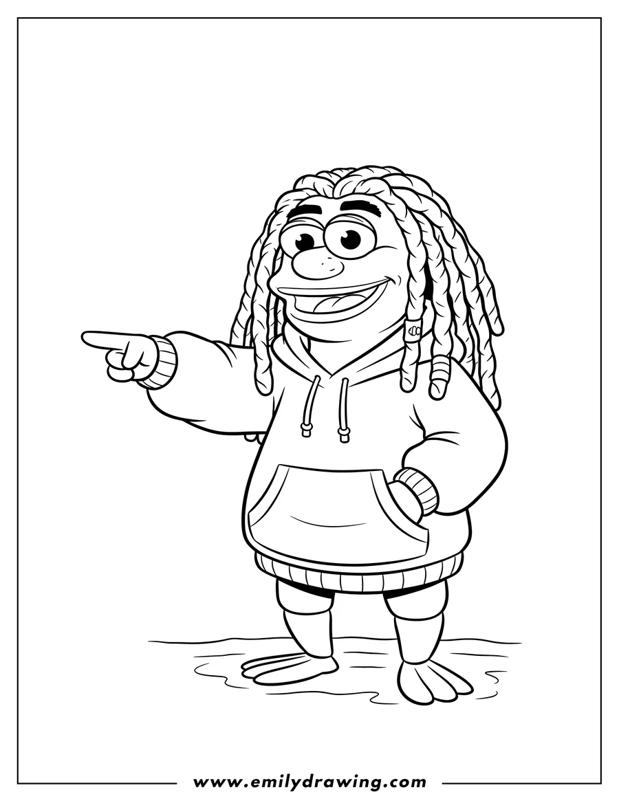 Clean line drawing: pepe King Prawn with dreadlocks in a hoodie, pointing