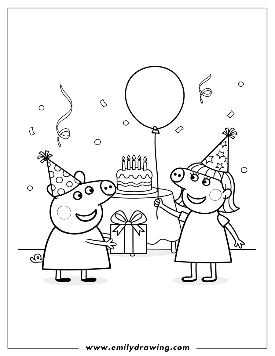 Downloadable coloring page of peppa Pig and a girl celebrating Happy Birthday, with Peppa giving a gift, both wearing party hats, and the girl holding a balloon