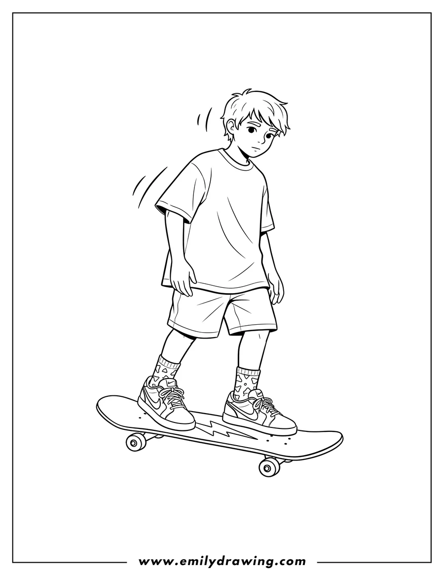 PDF style coloring page: person wearing Nike SB Bruin React shoes and socks, standing on a skateboard