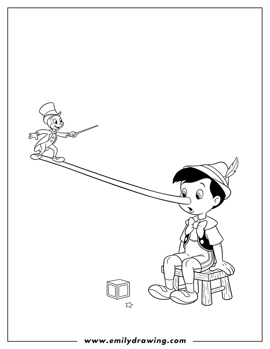 PDF style coloring page: pinocchio sitting with super long nose, with Jiminy Cricket standing on it and pointing