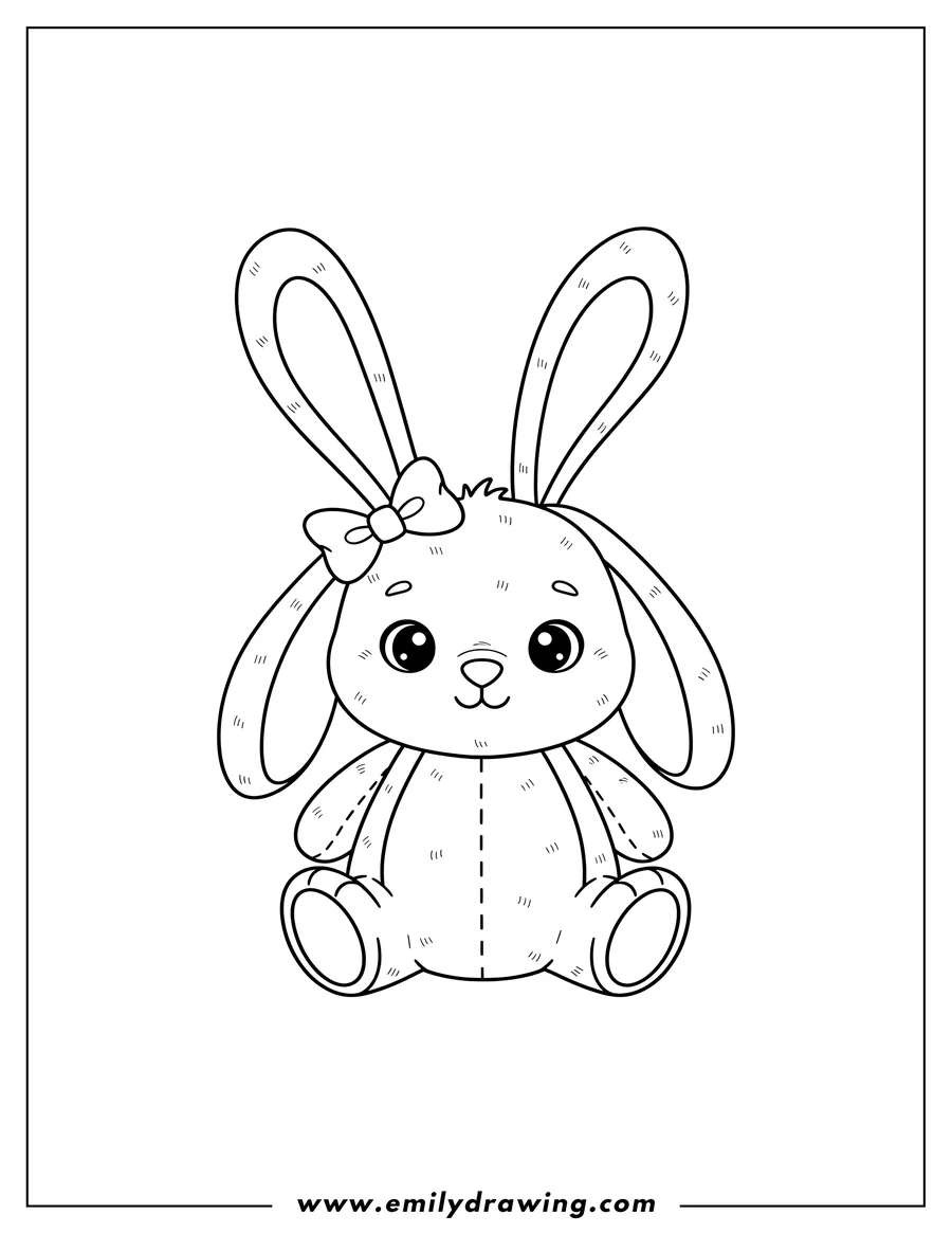 Vector style outline of cute plush toy rabbit sitting with big floppy ears and a bow on its ear, to color