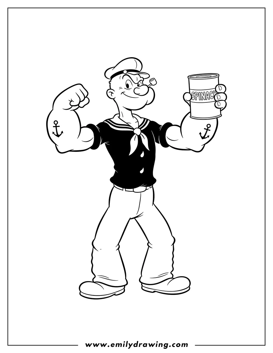 Printable coloring page of popeye Sailor Man flexing muscles with a can of spinach