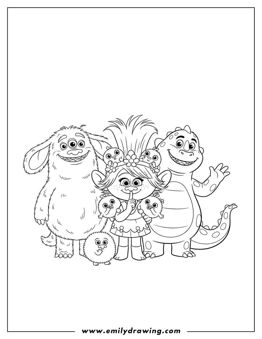 Free printable coloring sheet of poppy With Mini Huggies, making a shush gesture, alongside two large monster friends and a tiny round one