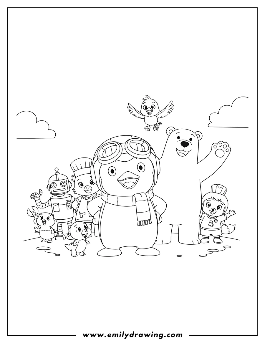Vector style outline of pororo wearing goggles and a helmet with hands on hips, posing cheerfully with Poby waving, Harry flying, Rody, Eddy, Loopy, Petty, and Crong