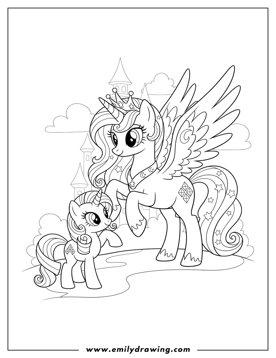 Free to print drawing of princess Moonlove, an alicorn, and Baby Rarity with her diamond cutie mark, standing together