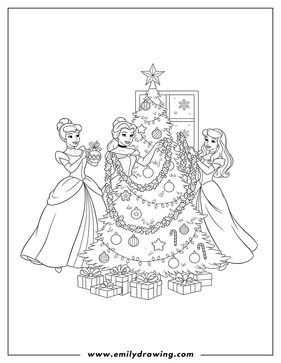 Coloring page of belle, Cinderella, and Aurora decorating a Christmas tree, holding garlands and an ornament