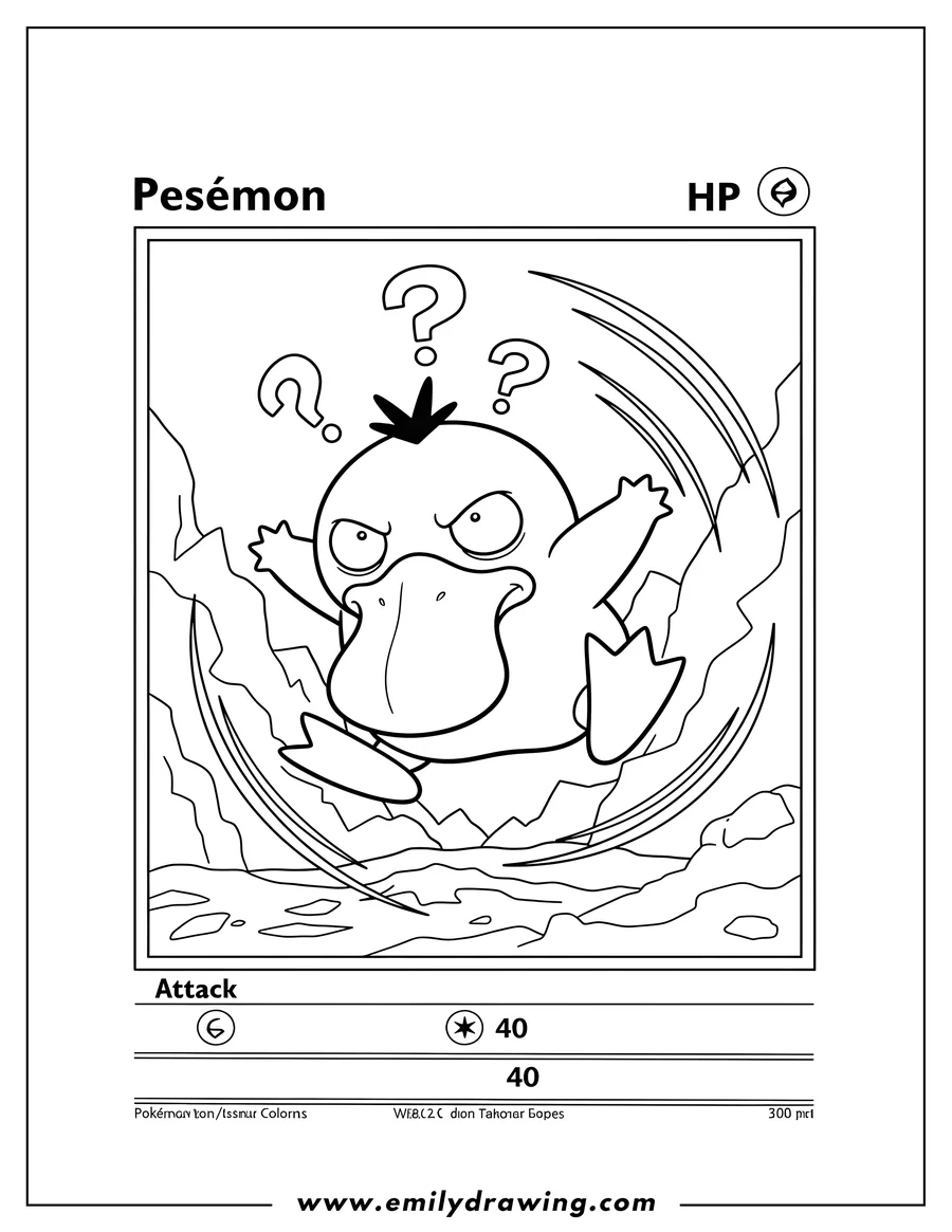 Downloadable coloring page of puzzled Psyduck Tripping Headbutt Pokemon Card
